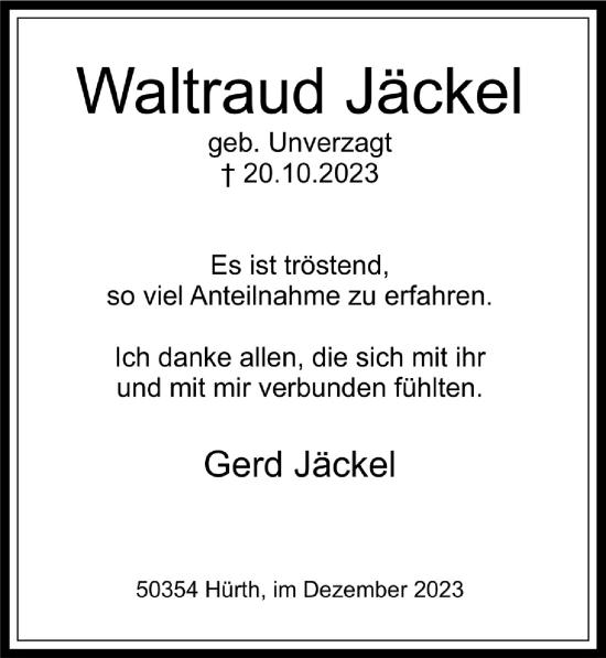 Anzeige von Waltraud Jäckel von  Wochenende 