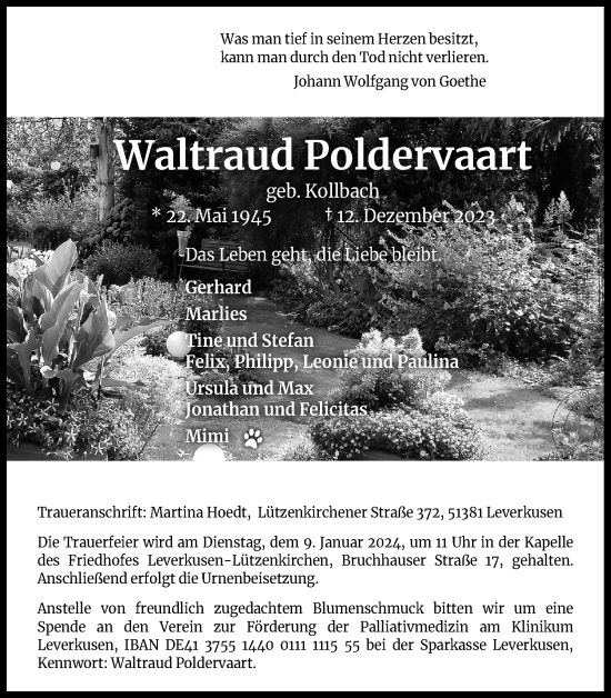 Anzeige von Waltraud Poldervaart von Kölner Stadt-Anzeiger / Kölnische Rundschau / Express