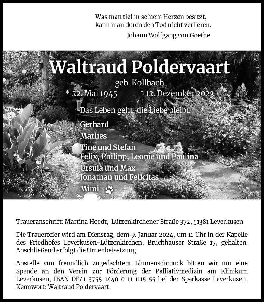  Traueranzeige für Waltraud Poldervaart vom 30.12.2023 aus Kölner Stadt-Anzeiger / Kölnische Rundschau / Express