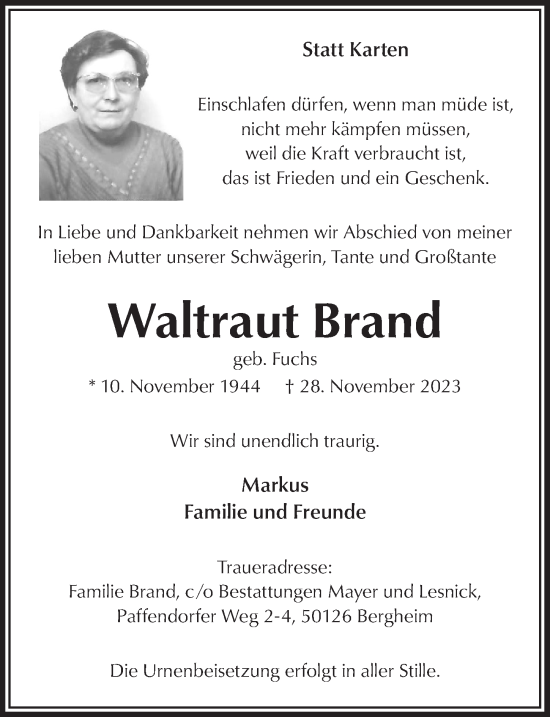 Anzeige von Waltraut Brand von  Werbepost 