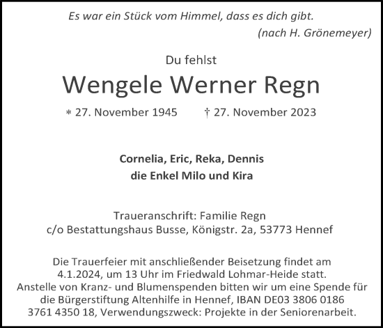 Anzeige von Wengele Werner Regn von Kölner Stadt-Anzeiger / Kölnische Rundschau / Express
