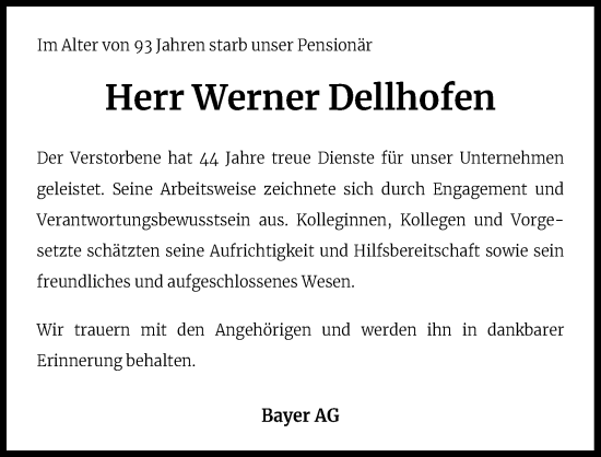 Anzeige von Werner Dellhofen von Kölner Stadt-Anzeiger / Kölnische Rundschau / Express