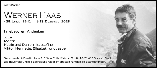 Anzeige von Werner Haas von Kölner Stadt-Anzeiger / Kölnische Rundschau / Express