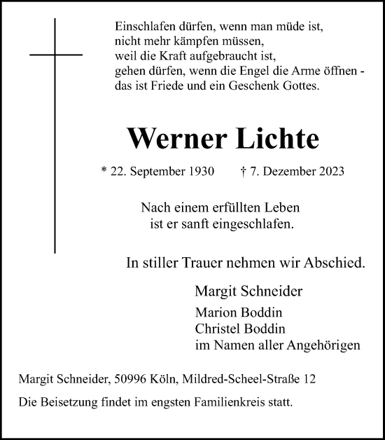 Anzeige von Werner Lichte von Kölner Stadt-Anzeiger / Kölnische Rundschau / Express