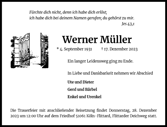 Anzeige von Werner Müller von Kölner Stadt-Anzeiger / Kölnische Rundschau / Express