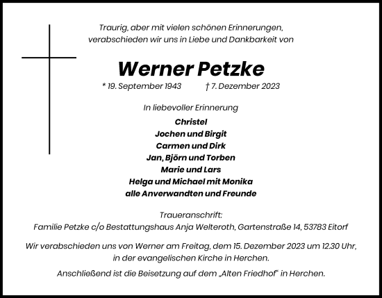 Anzeige von Werner Petzke von Kölner Stadt-Anzeiger / Kölnische Rundschau / Express