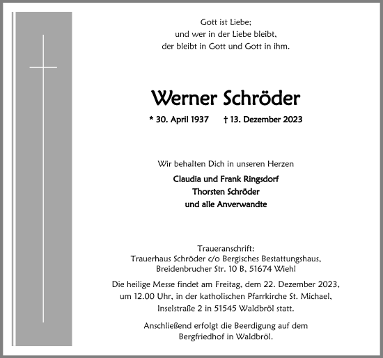 Anzeige von Werner Schröder von Kölner Stadt-Anzeiger / Kölnische Rundschau / Express