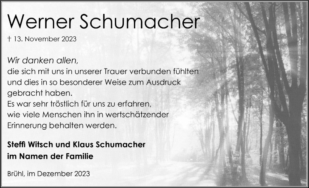  Traueranzeige für Werner Schumacher vom 29.12.2023 aus  Schlossbote/Werbekurier 