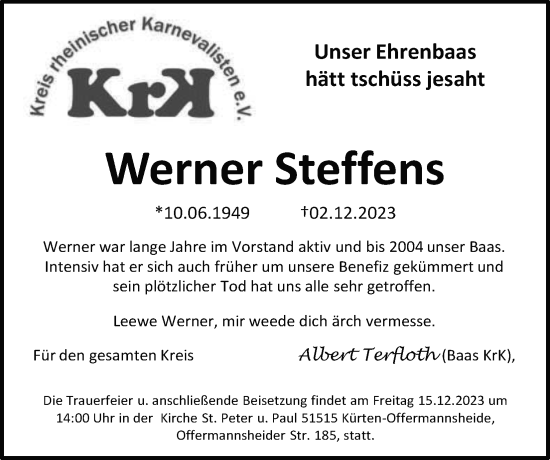 Anzeige von Werner Steffens von Kölner Stadt-Anzeiger / Kölnische Rundschau / Express