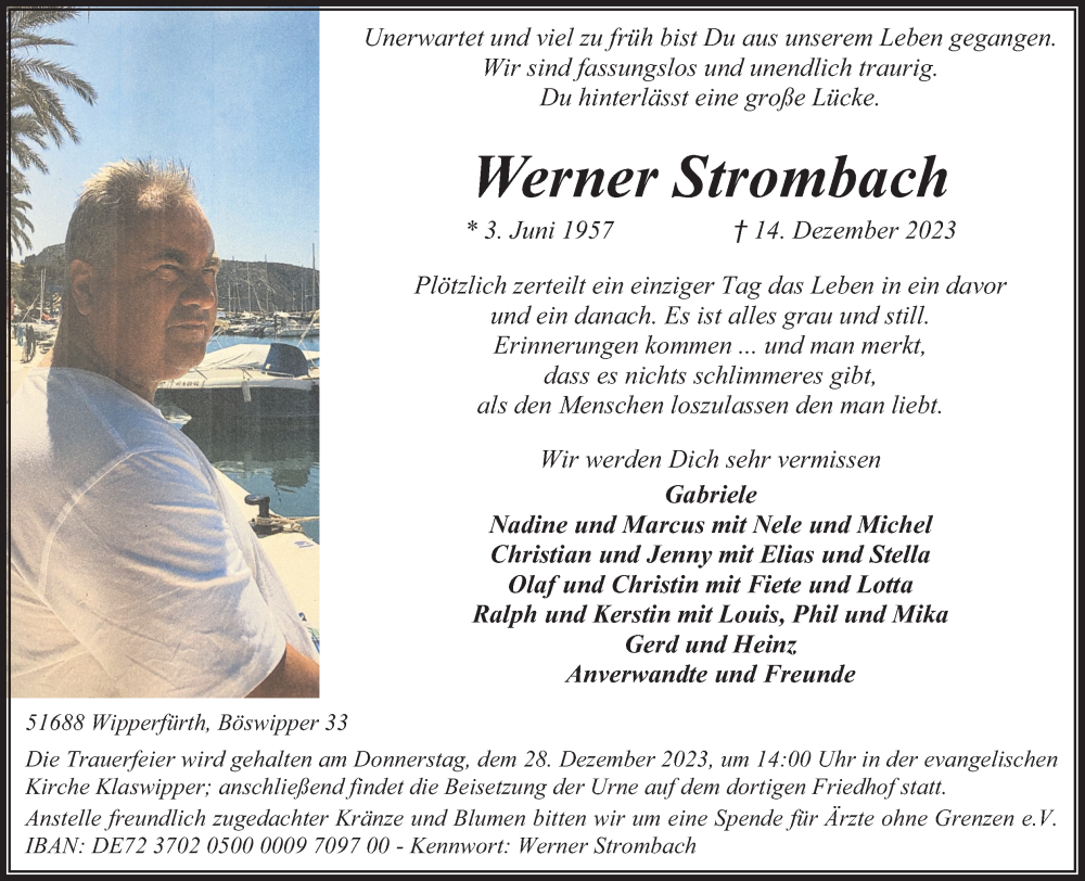  Traueranzeige für Werner Strombach vom 19.12.2023 aus Kölner Stadt-Anzeiger / Kölnische Rundschau / Express