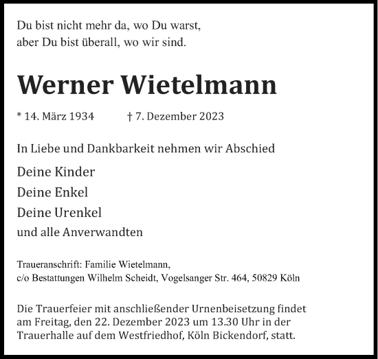 Anzeige von Werner Wietelmann von Kölner Stadt-Anzeiger / Kölnische Rundschau / Express