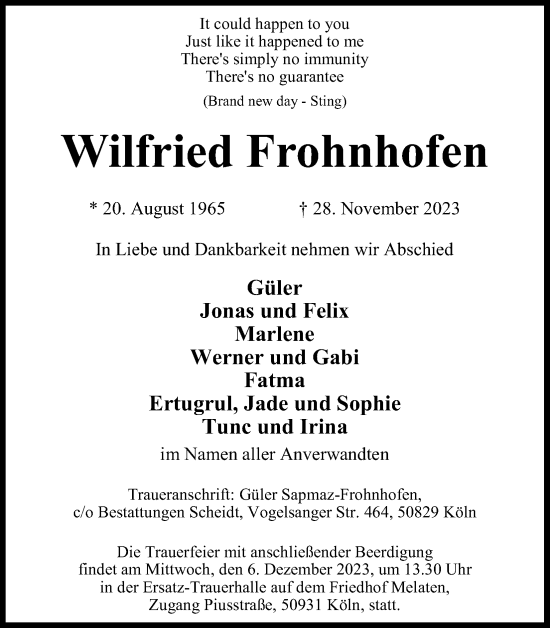 Anzeige von Wilfried Frohnhofen von Kölner Stadt-Anzeiger / Kölnische Rundschau / Express