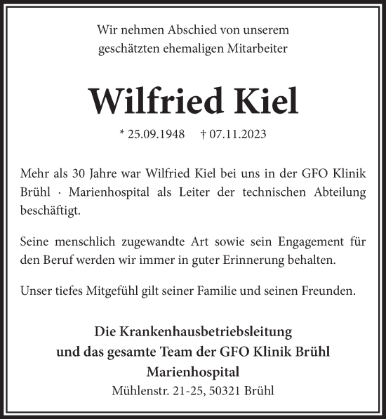 Anzeige von Wilfried Kiel von  Schlossbote/Werbekurier 