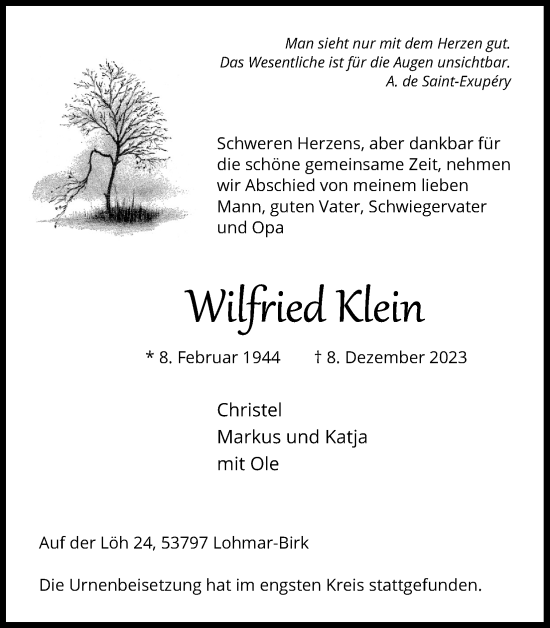 Anzeige von Wilfried Klein von Kölner Stadt-Anzeiger / Kölnische Rundschau / Express