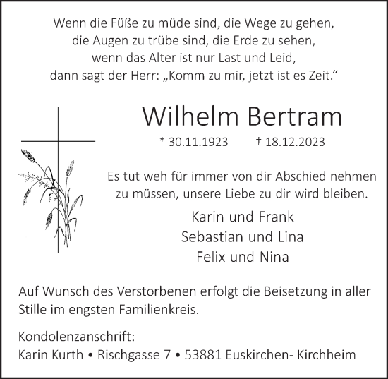 Anzeige von Wilhelm Bertram von  Blickpunkt Euskirchen 