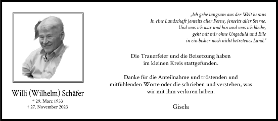 Anzeige von Wilhelm Schäfer von Kölner Stadt-Anzeiger / Kölnische Rundschau / Express