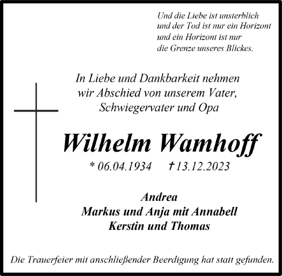 Anzeige von Wilhelm Wamhoff von  Anzeigen Echo 