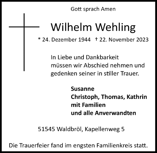 Anzeige von Wilhelm Wehling von  Lokalanzeiger 