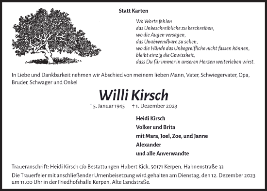 Anzeige von Willi Kirsch von  Werbepost 