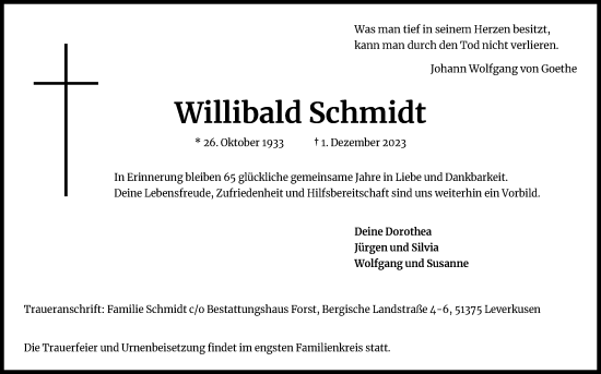 Anzeige von Willibald Schmidt von Kölner Stadt-Anzeiger / Kölnische Rundschau / Express