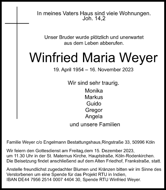 Anzeige von Winfried Maria Weyer von Kölner Stadt-Anzeiger / Kölnische Rundschau / Express