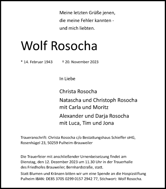 Anzeige von Wolf Rosocha von Kölner Stadt-Anzeiger / Kölnische Rundschau / Express
