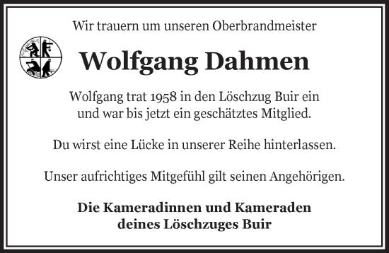 Anzeige von Wolfgang Dahmen von  Werbepost 