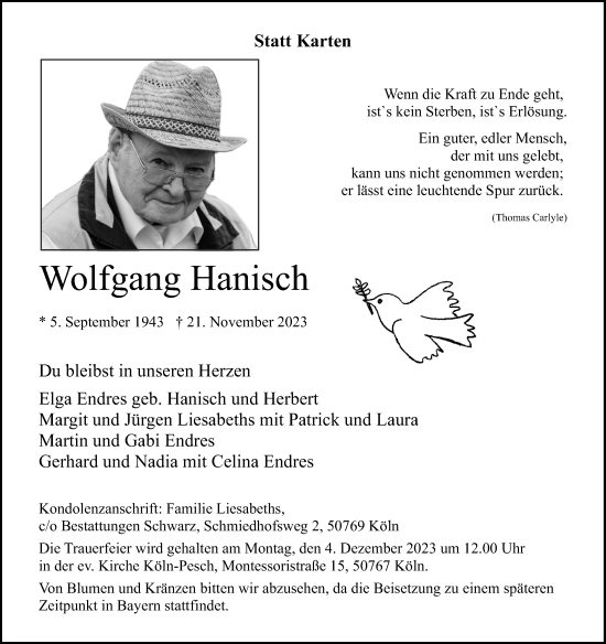 Anzeige von Wolfgang Hanisch von Kölner Stadt-Anzeiger / Kölnische Rundschau / Express