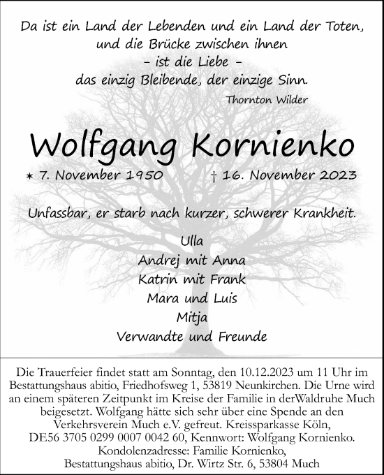 Anzeige von Wolfgang Kornienko von Kölner Stadt-Anzeiger / Kölnische Rundschau / Express