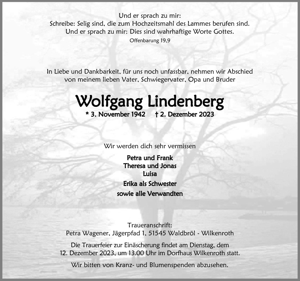  Traueranzeige für Wolfgang Lindenberg vom 09.12.2023 aus Kölner Stadt-Anzeiger / Kölnische Rundschau / Express