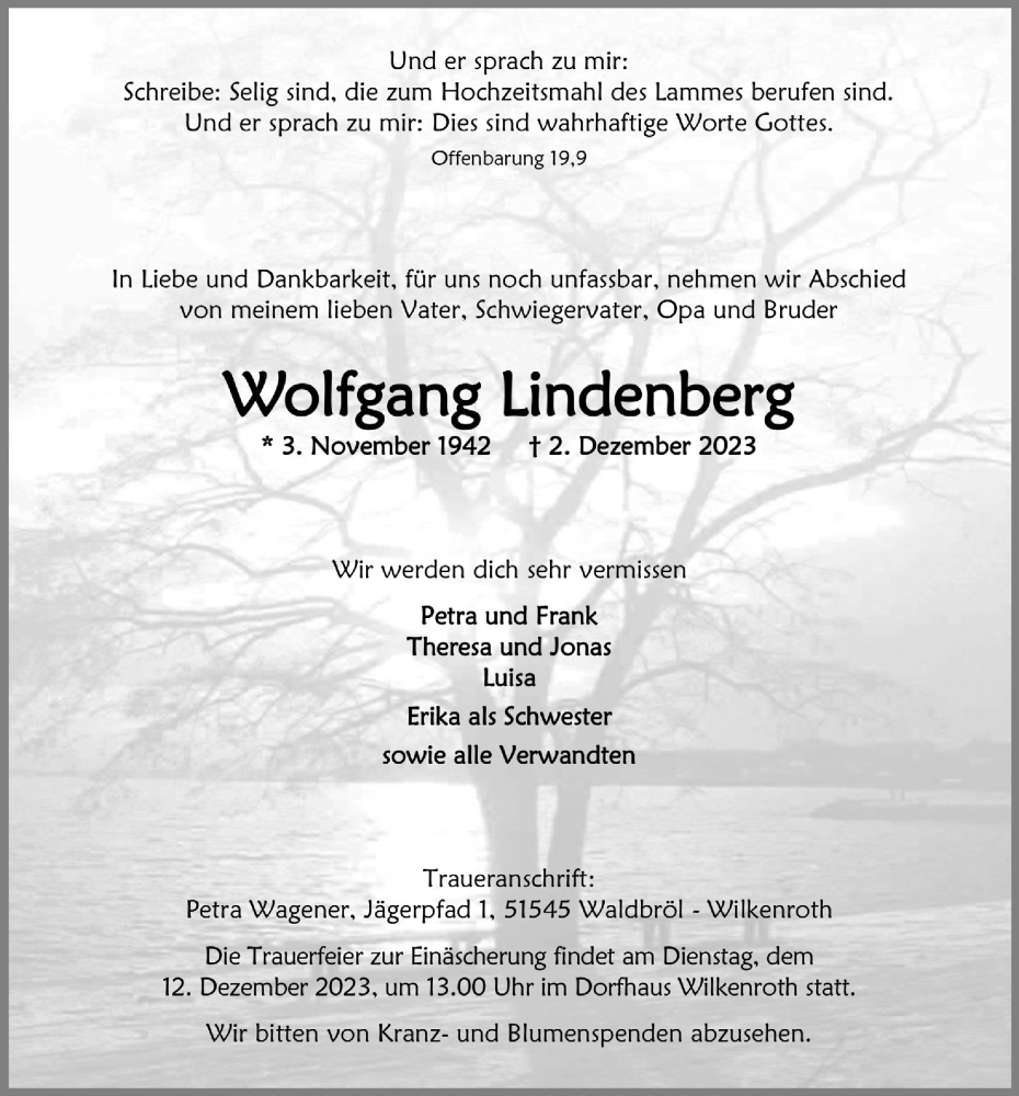  Traueranzeige für Wolfgang Lindenberg vom 08.12.2023 aus  Lokalanzeiger 