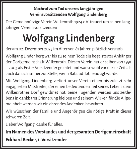 Anzeige von Wolfgang Lindenberg von  Lokalanzeiger 