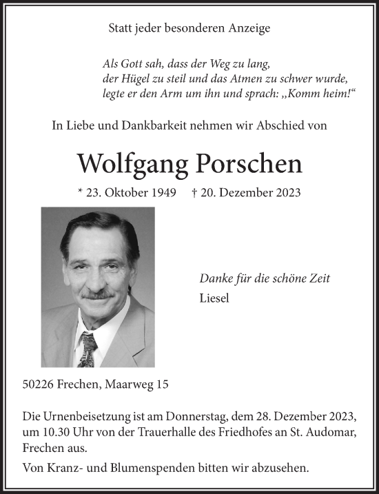 Anzeige von Wolfgang Porschen von  Wochenende 