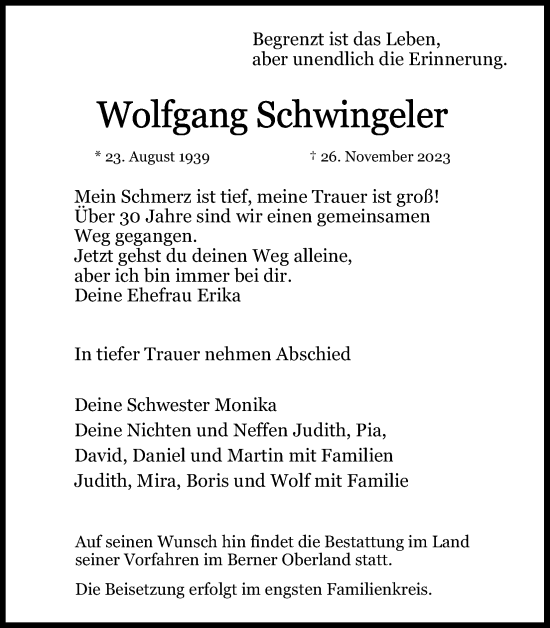 Anzeige von Wolfgang Schwingeler von Kölner Stadt-Anzeiger / Kölnische Rundschau / Express