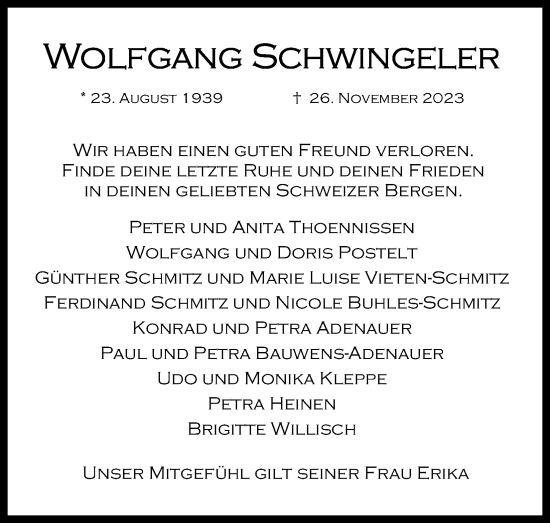 Anzeige von Wolfgang Schwingeler von Kölner Stadt-Anzeiger / Kölnische Rundschau / Express