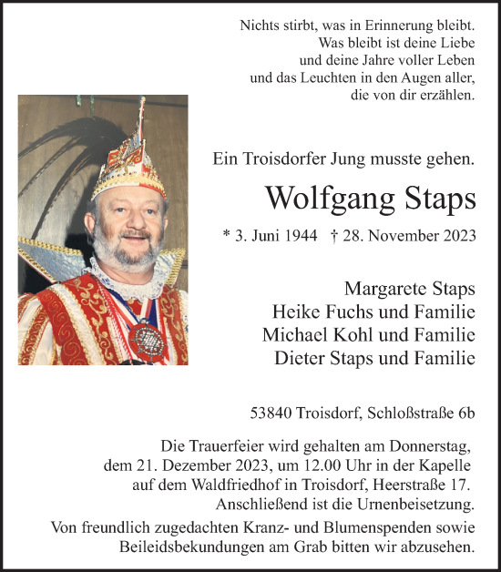 Anzeige von Wolfgang Staps von Kölner Stadt-Anzeiger / Kölnische Rundschau / Express