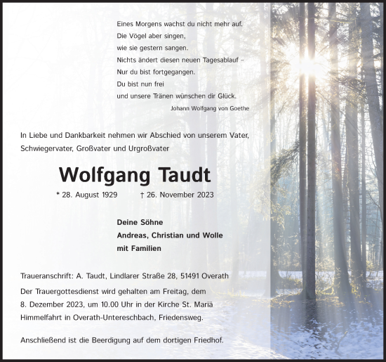 Anzeige von Wolfgang Taudt von Kölner Stadt-Anzeiger / Kölnische Rundschau / Express