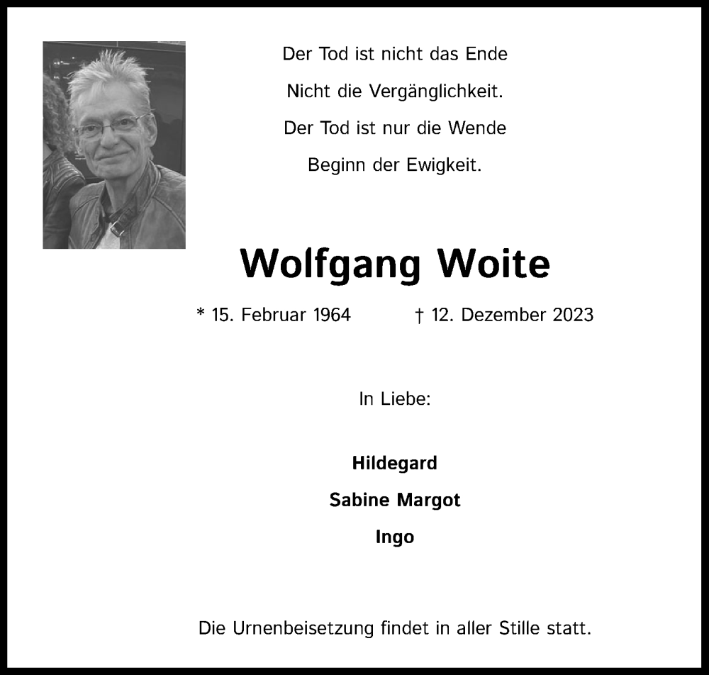  Traueranzeige für Wolfgang Woite vom 23.12.2023 aus Kölner Stadt-Anzeiger / Kölnische Rundschau / Express