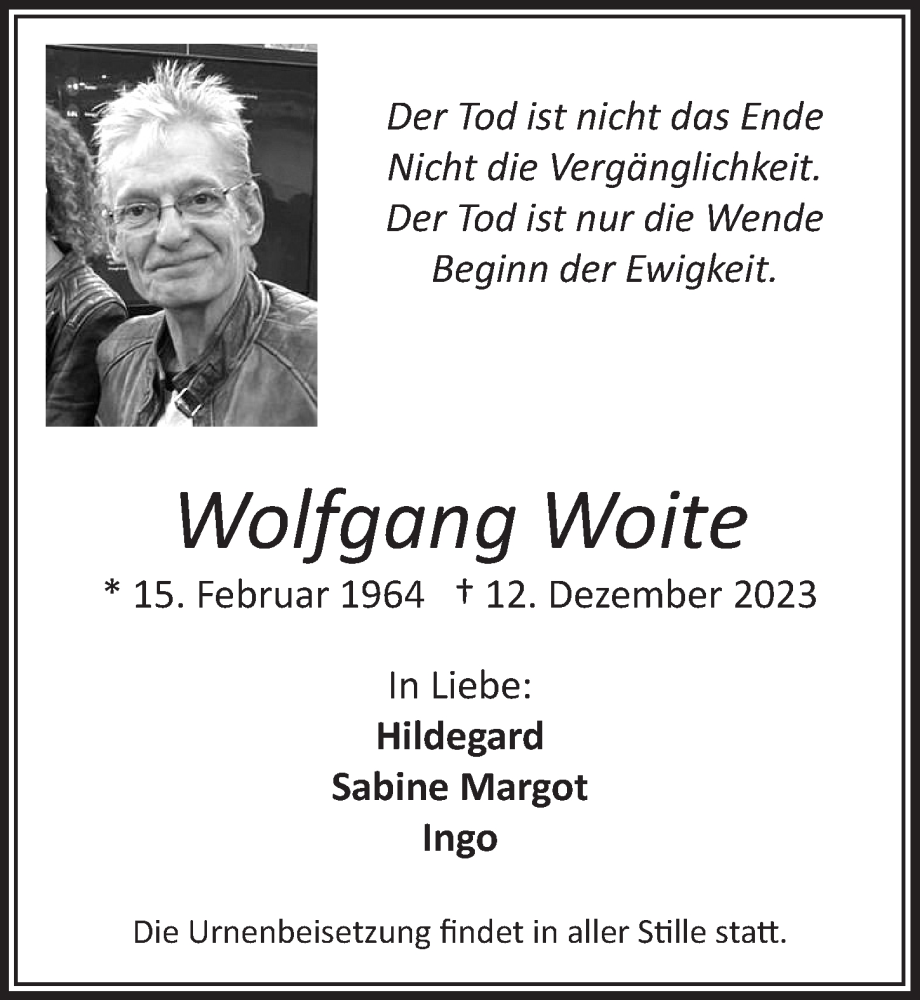 Traueranzeige für Wolfgang Woite vom 22.12.2023 aus  Werbepost 