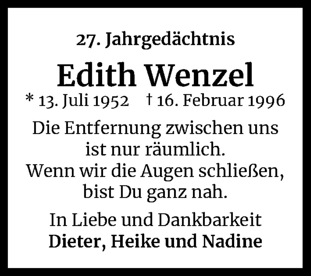  Traueranzeige für Edith Wenzel vom 16.02.2023 aus Kölner Stadt-Anzeiger / Kölnische Rundschau / Express