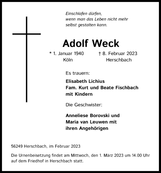 Anzeige von Adolf Weck von Kölner Stadt-Anzeiger / Kölnische Rundschau / Express