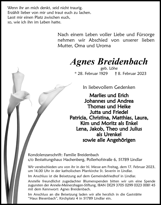 Anzeige von Agnes Breidenbach von Kölner Stadt-Anzeiger / Kölnische Rundschau / Express