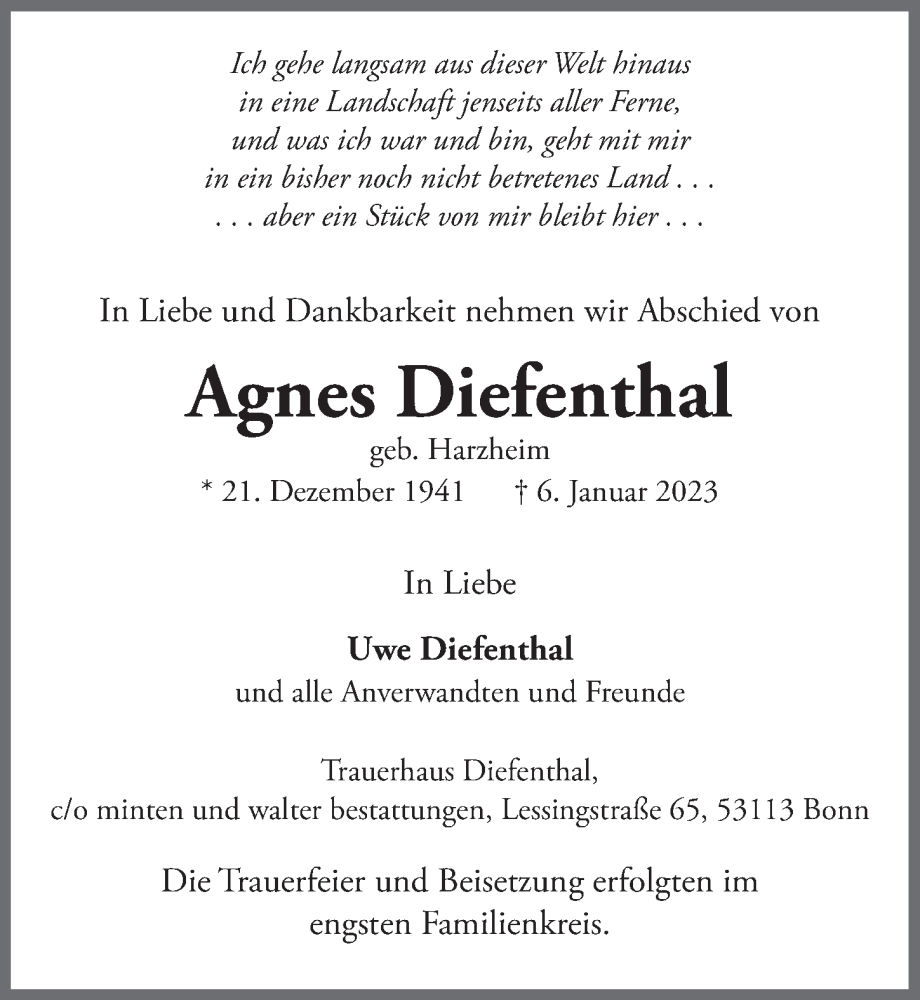  Traueranzeige für Agnes Diefenthal vom 04.02.2023 aus  Blickpunkt Euskirchen 