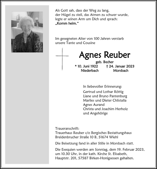 Anzeige von Agnes Reuber von  Lokalanzeiger 