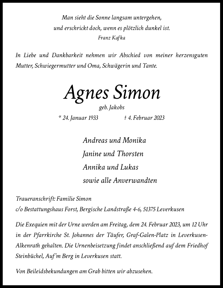  Traueranzeige für Agnes Simon vom 15.02.2023 aus Kölner Stadt-Anzeiger / Kölnische Rundschau / Express
