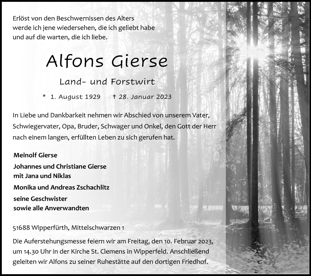  Traueranzeige für Alfons Gierse vom 04.02.2023 aus Kölner Stadt-Anzeiger / Kölnische Rundschau / Express