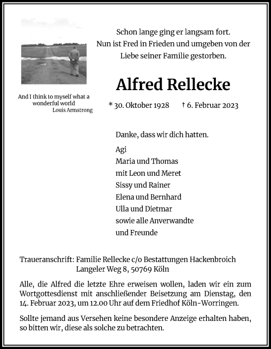 Anzeige von Alfred Rellecke von Kölner Stadt-Anzeiger / Kölnische Rundschau / Express