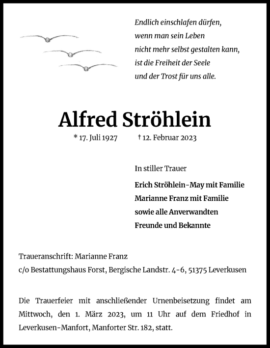 Anzeige von Alfred Ströhlein von Kölner Stadt-Anzeiger / Kölnische Rundschau / Express
