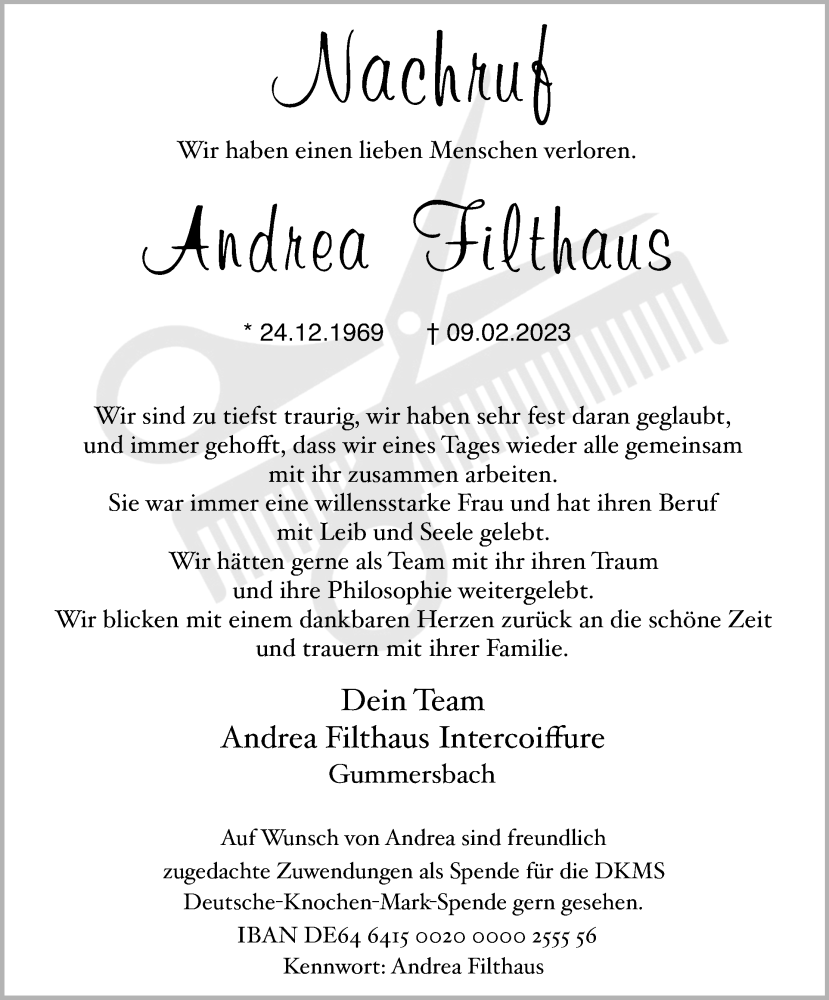  Traueranzeige für Andrea Filthaus vom 18.02.2023 aus Kölner Stadt-Anzeiger / Kölnische Rundschau / Express