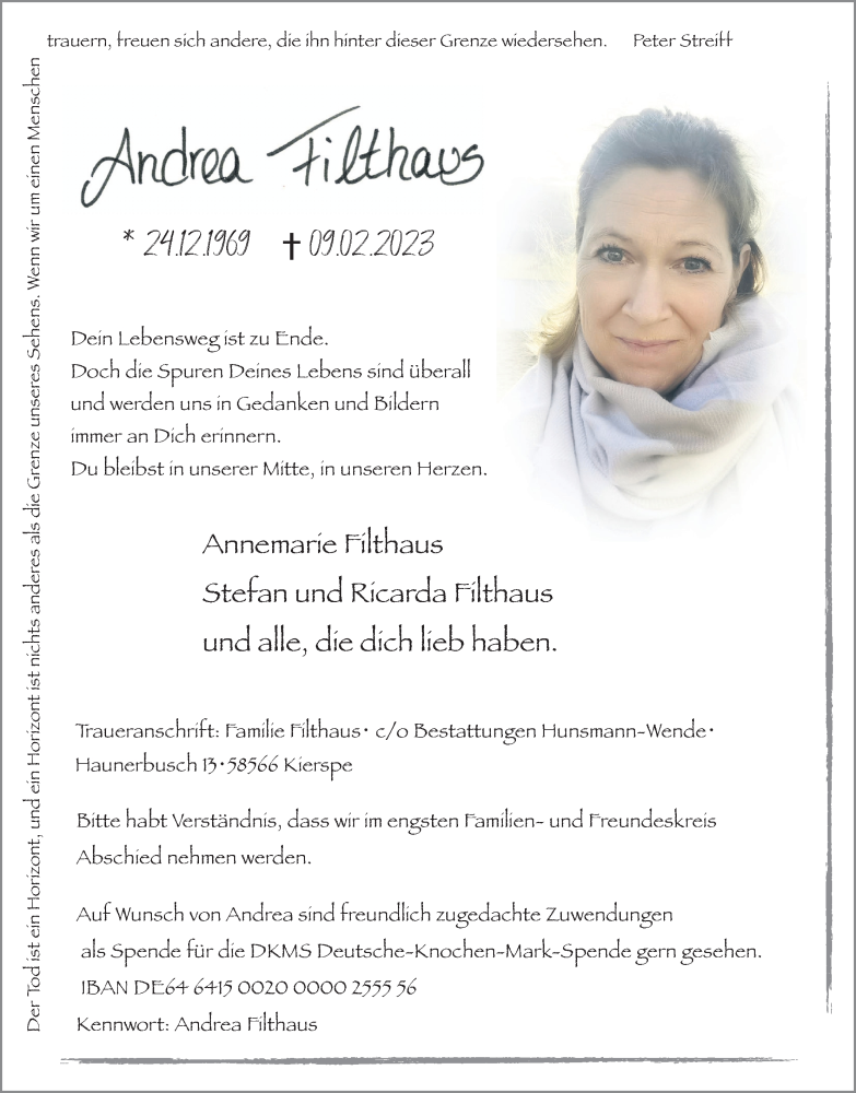  Traueranzeige für Andrea Filthaus vom 18.02.2023 aus Kölner Stadt-Anzeiger / Kölnische Rundschau / Express